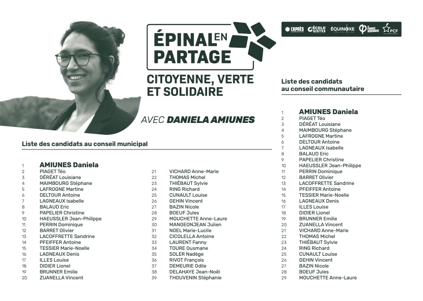 Bulletin de vote Épinal en Partage avec photo de Daniela Amiunes en coin haut-gauche; le logo en haut au centre et les logos des partis portant la liste en haut à droite: L'Après, les Écologistes, Équinoxe, LFI et le PCF.